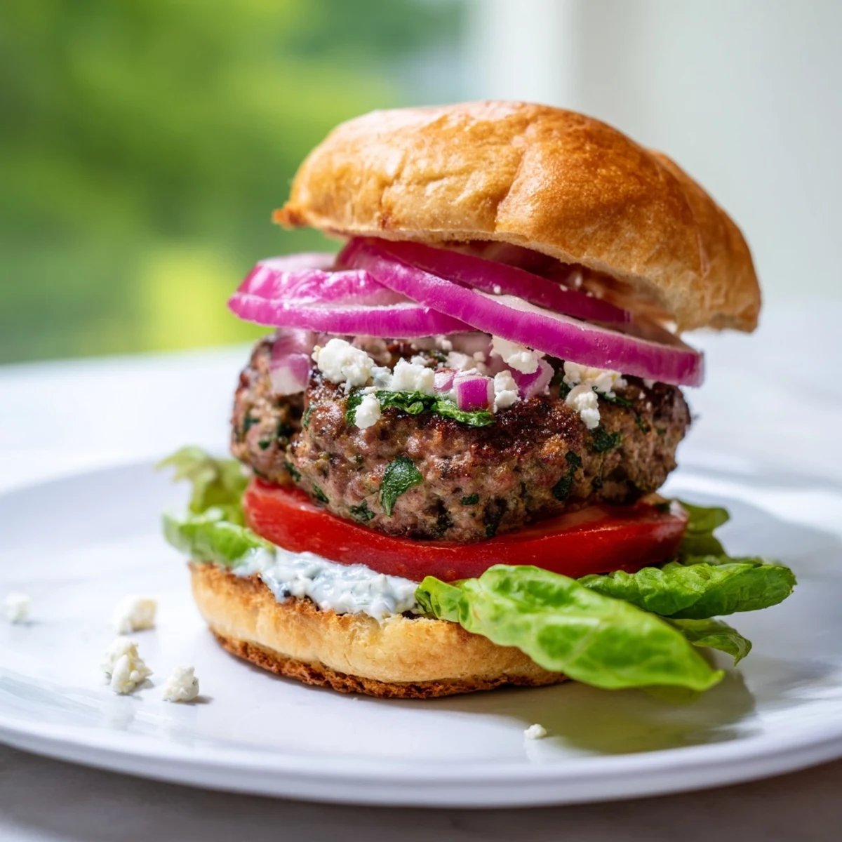 Close-up of a flavorful Savory Lamb Burger, topped with creamy crumbled feta, served on a toasted bun.