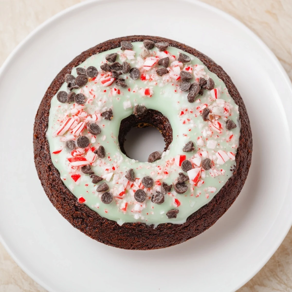 A close-up of freshly baked Peppermint Mocha Donuts, generously sprinkled with crushed peppermint candy.