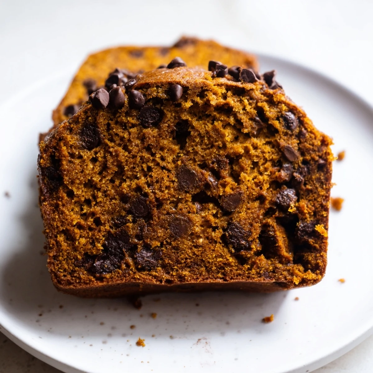 A close-up of freshly baked Chocolate Chip Pumpkin Bread with visible chocolate chips and a tender crumb.