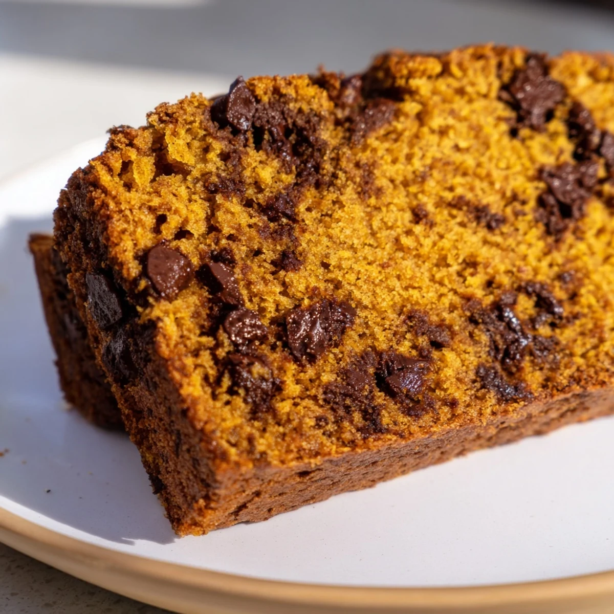 Warm, golden slice of Chocolate Chip Pumpkin Bread, ready to be enjoyed with a cup of coffee.