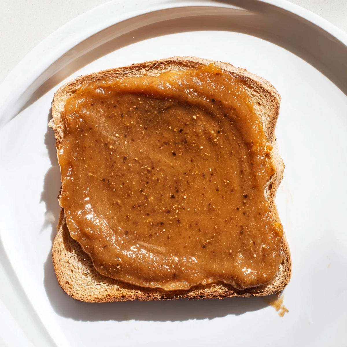 Rich, dark Spiced Apple Butter, slathered on toasted bread, hints of cinnamon, a cozy snack favorite.