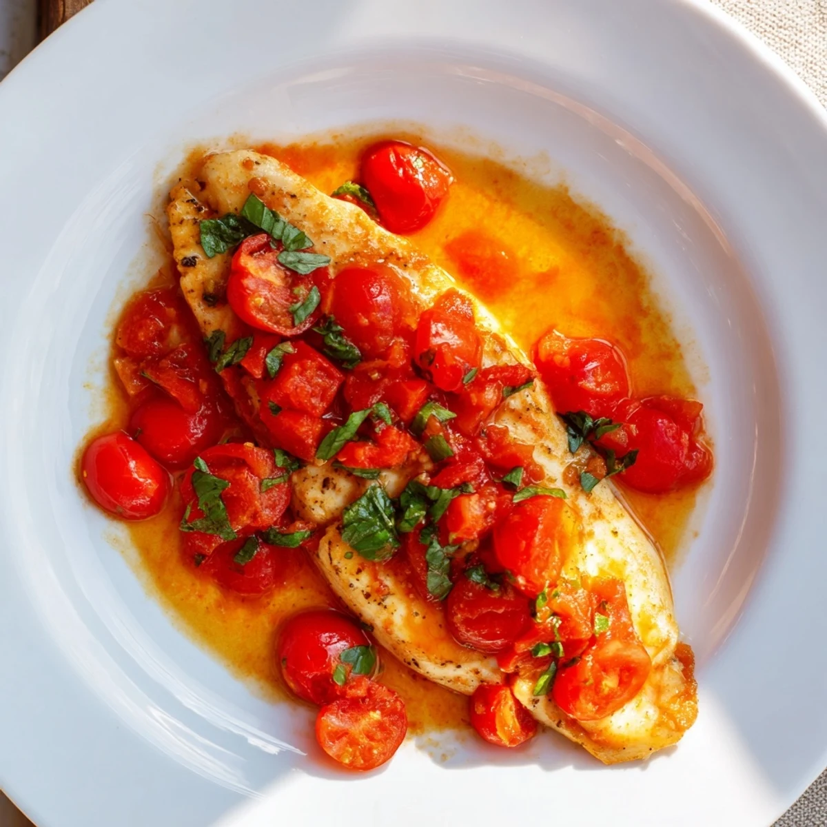 Tender baked halibut fillets topped with a fresh, colorful tomato relish, ready to serve elegantly.