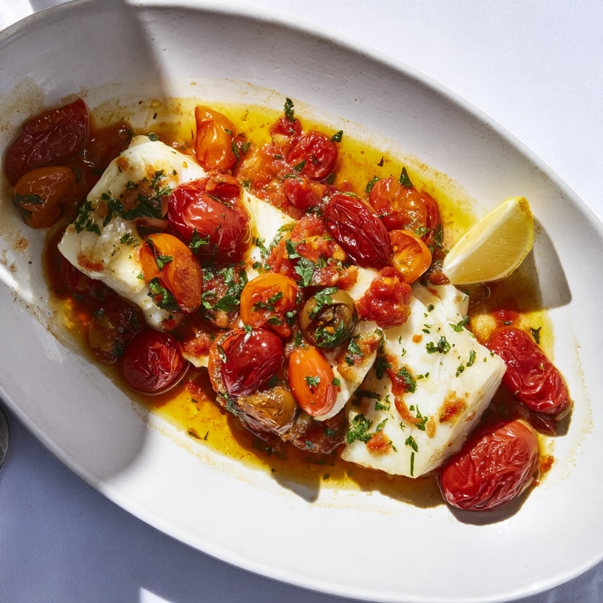 Golden-brown baked halibut with vibrant tomato relish, a perfectly balanced, flavorful meal.