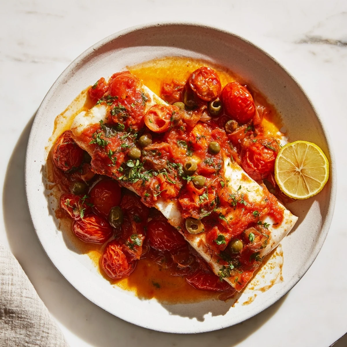 Close-up of flaky baked halibut, deliciously paired with a bright, zesty tomato relish.