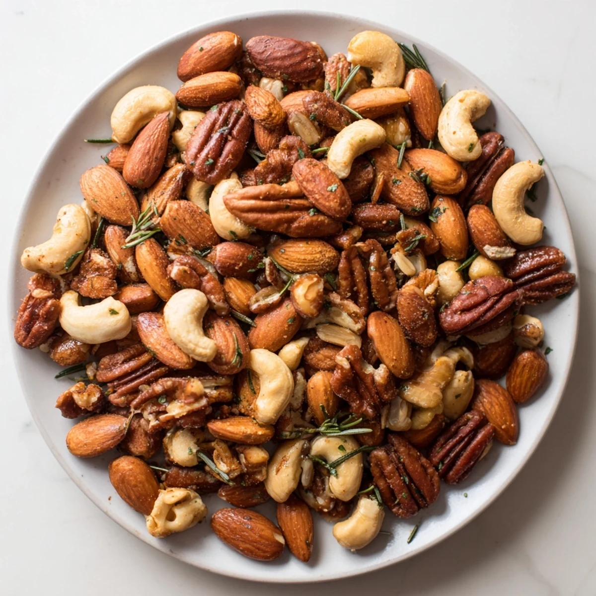 Savory roasted nut platter, a gluten-free and vegetarian snack, served in a rustic bowl.