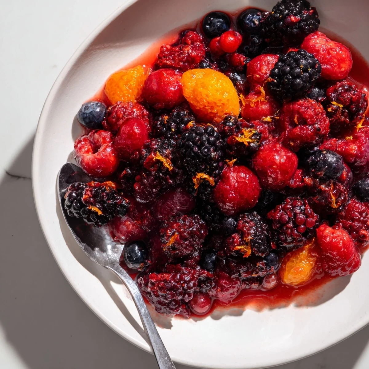 A close-up of Winter Berry Compote: a ruby-red, textured delight, showcasing plump berries and spices.