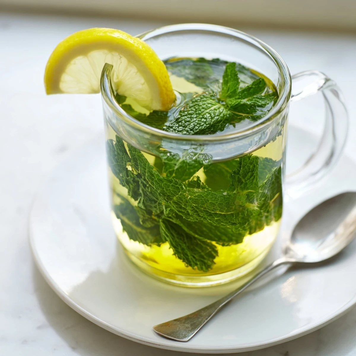 Steaming peppermint hot tea in a clear glass mug, garnished with a bright lemon slice.