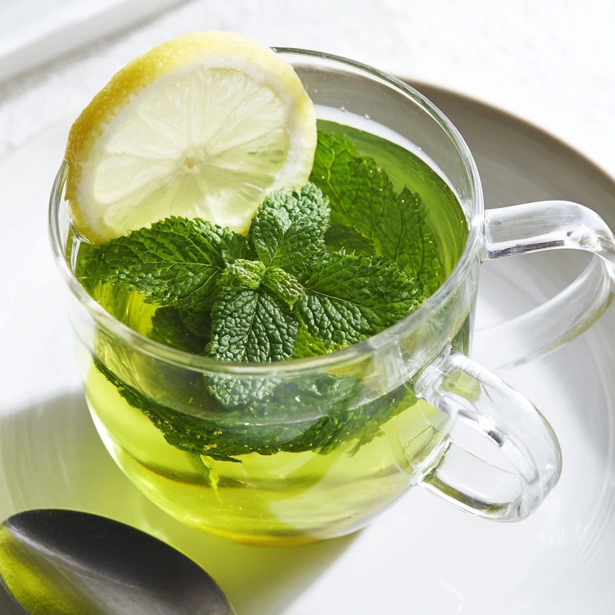 Close-up of freshly brewed peppermint hot tea, smelling of refreshing herbal notes, ready to sip.