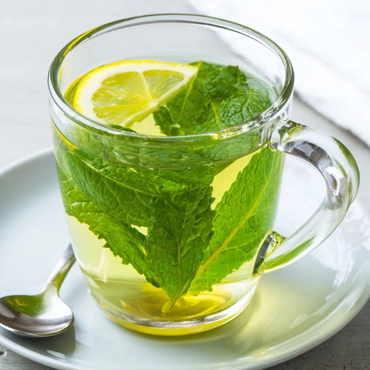 Two mugs of warm peppermint hot tea, perfect for a cozy afternoon, vegan and caffeine-free.