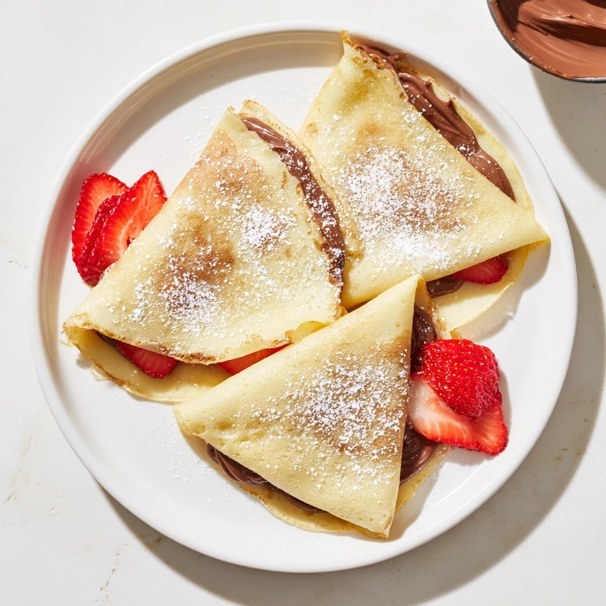 Golden-edged Nutella crepes, thin and filled with smooth chocolate-hazelnut spread, stacked nicely.