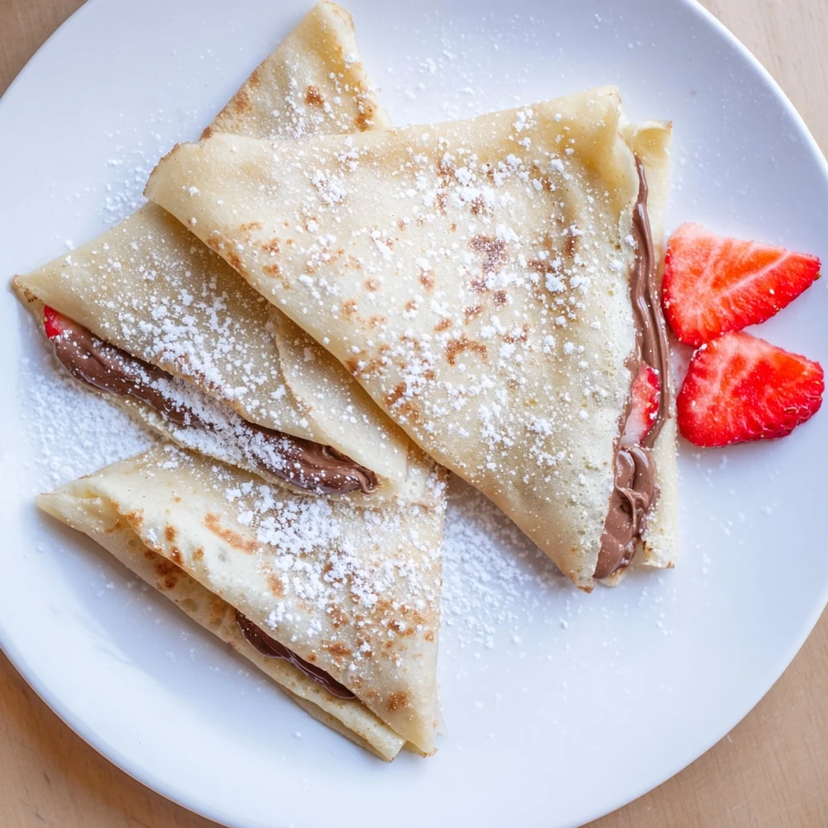 Folded Nutella crepes, dusted with powdered sugar, alongside fresh strawberries — an elegant treat.