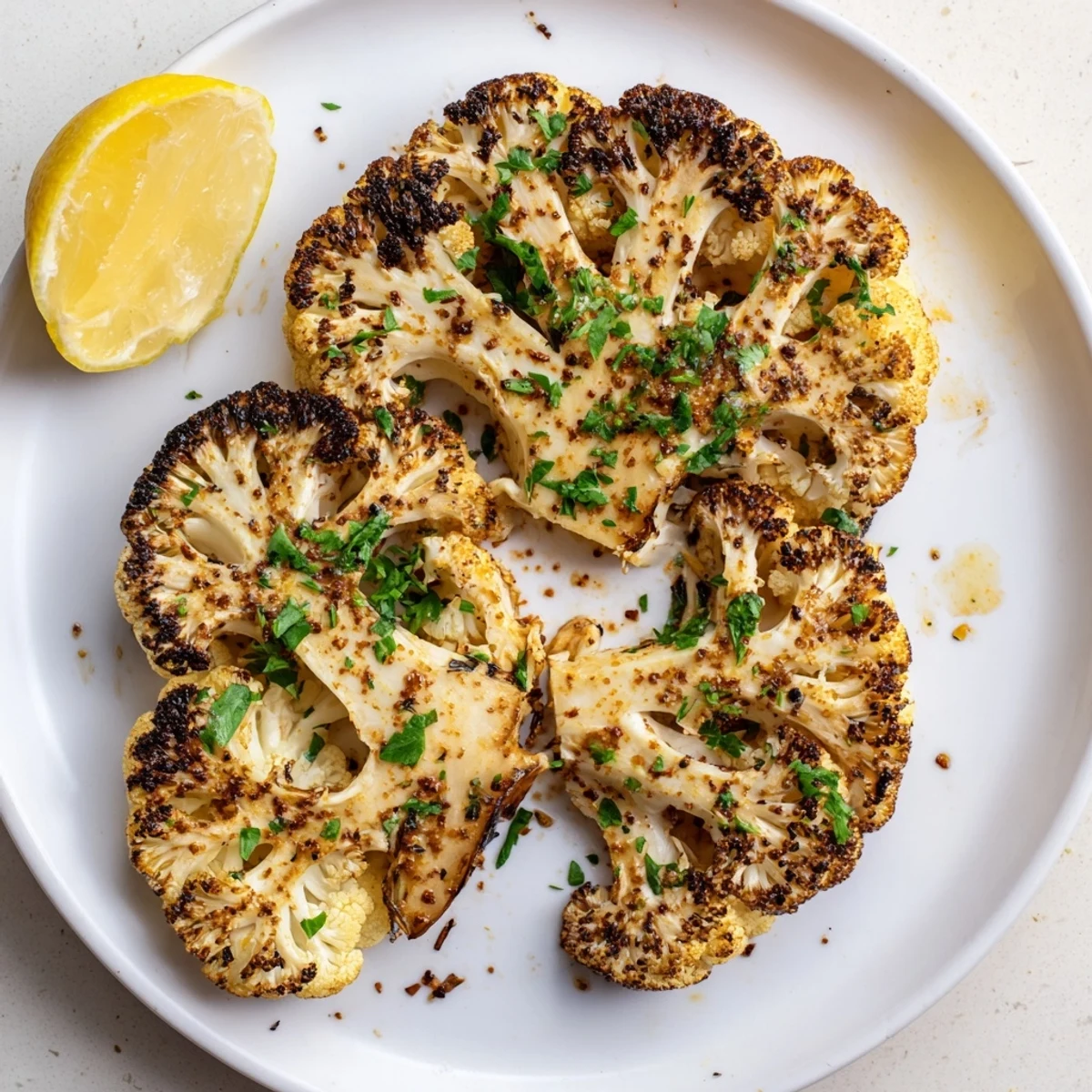 Golden, roasted cauliflower steaks, seasoned with spices and ready to be served for a vegetarian meal.