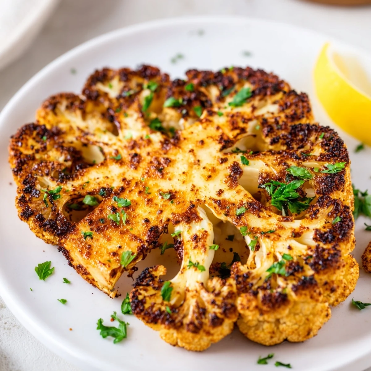 A close-up of beautifully browned cauliflower steaks, perfectly seasoned and ready with fresh parsley.