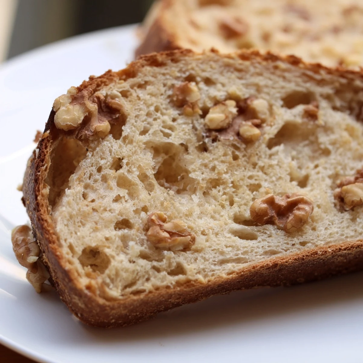 Freshly baked walnut bread with a golden brown crust, showcasing the visible walnut pieces.