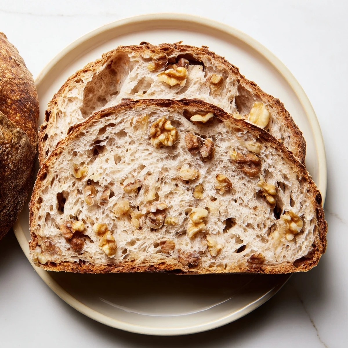 A rustic loaf of walnut bread, boasting a delightful aroma, ideal for breakfast or a snack.