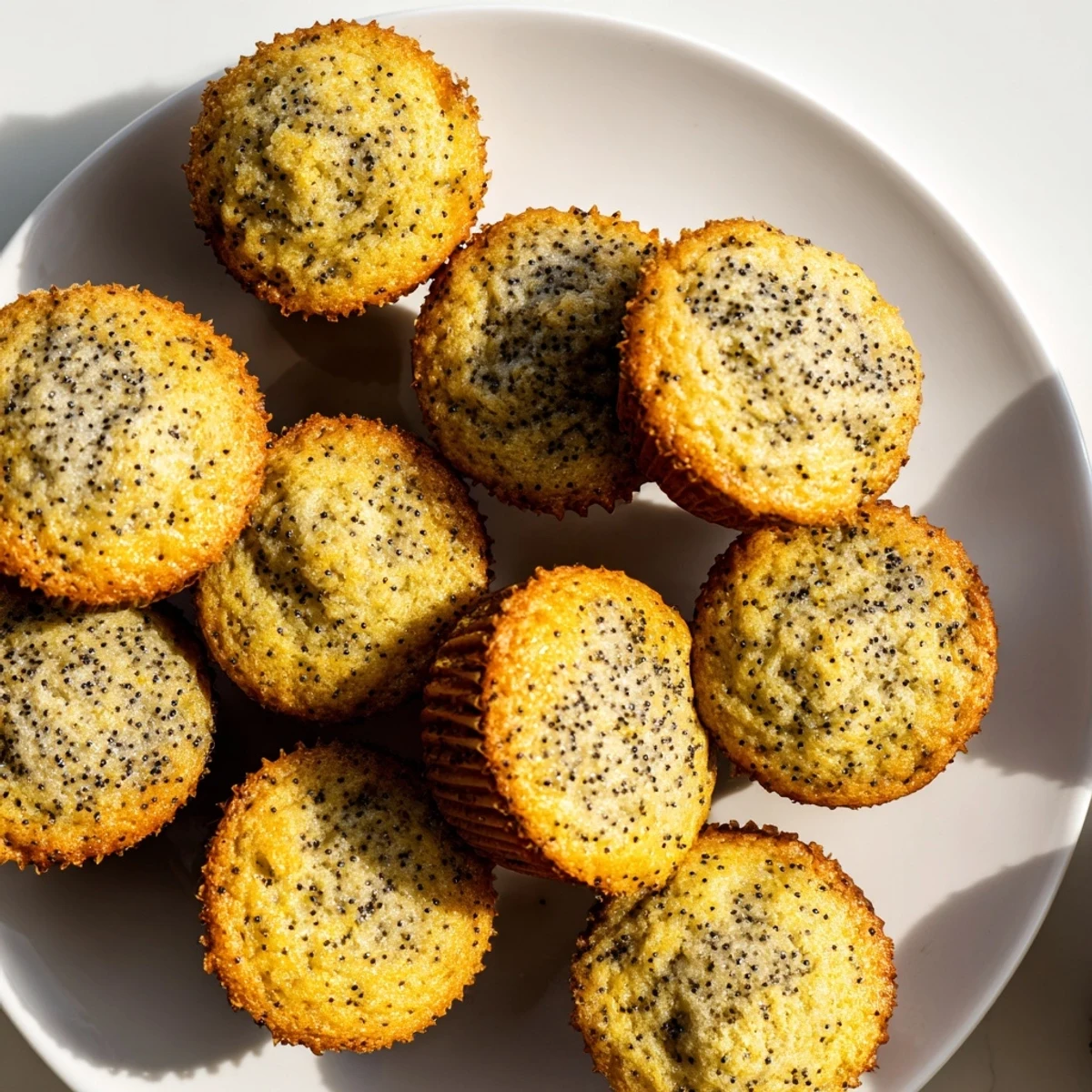 Fluffy poppy seed muffins, golden brown and speckled with black seeds, ready to serve.