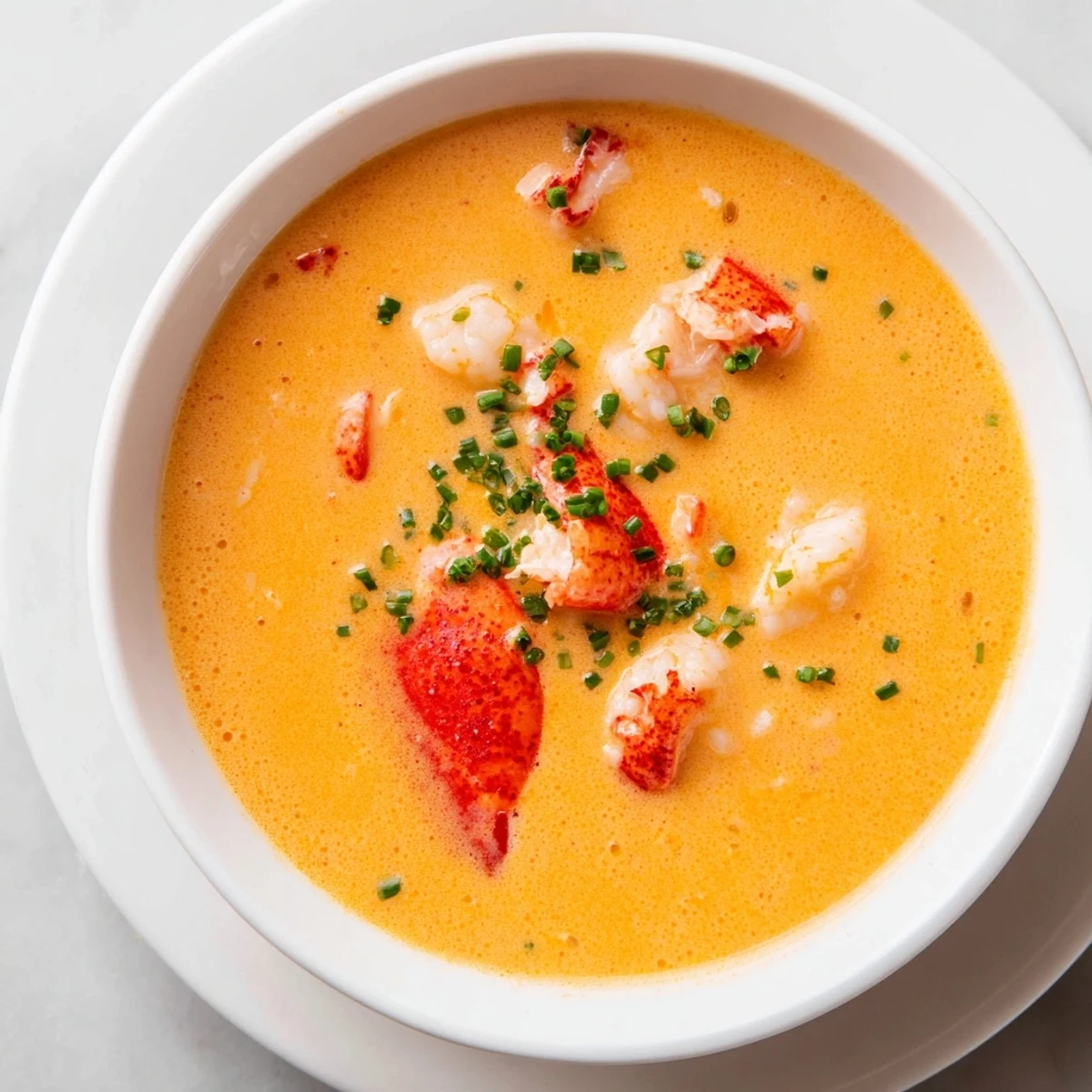 Creamy lobster bisque in a rustic bowl, garnished with fresh herbs ready to serve.