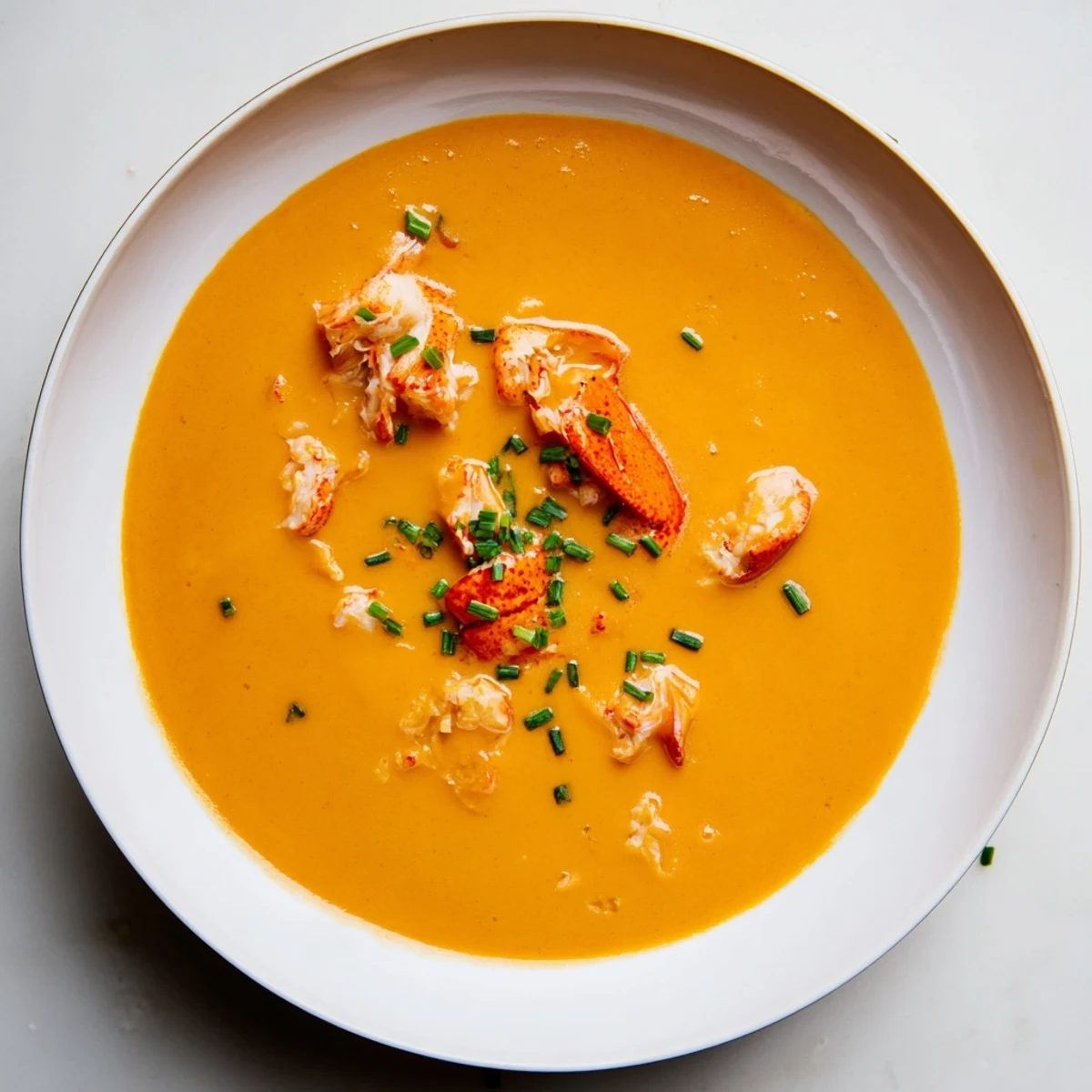 A vibrant photo of rich, flavorful lobster bisque, perfectly portioned for a delightful meal.