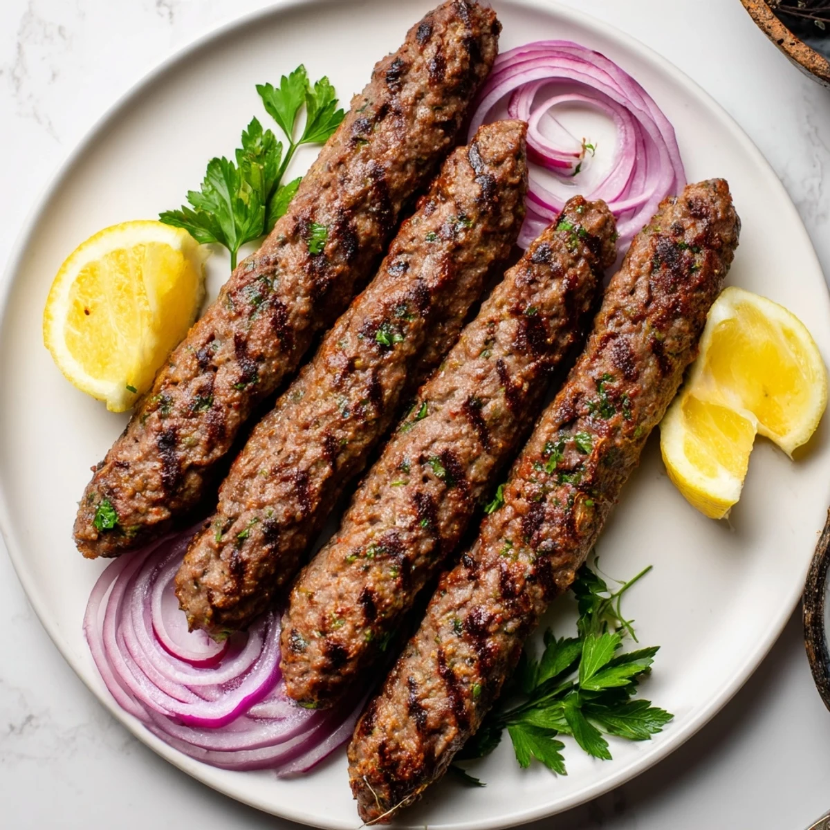 Tender, grilled beef kofta skewers, seasoned with fragrant spices, ready to enjoy with fresh herbs.