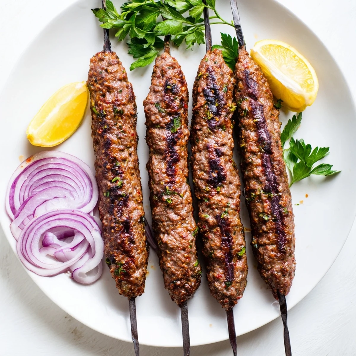 Juicy beef kofta kebabs, beautifully seared on the grill, served with lemon wedges and warm pita.