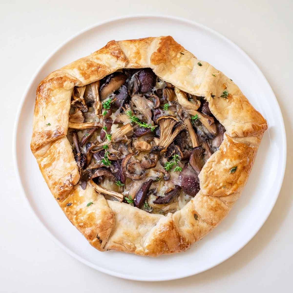 Golden-brown mushroom galette, with flaky crust and a savory mushroom filling; a perfect dinner.