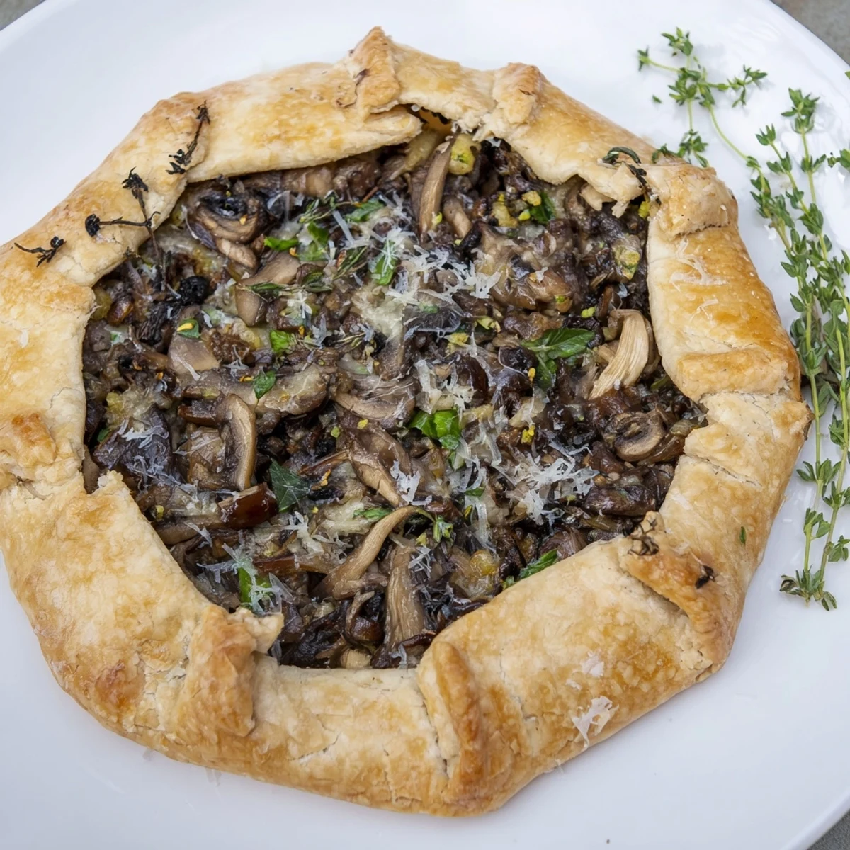 Savory mushroom galette fresh from the oven, offering a delicious, flaky pastry experience.