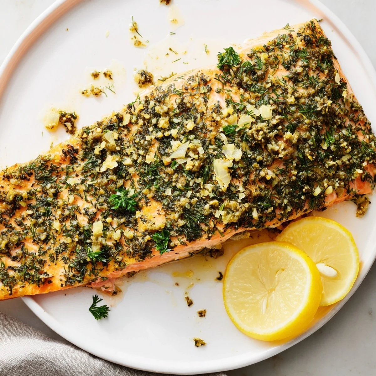Deliciously prepared baked salmon, a healthy main dish idea, served with fresh herbs and lemon.