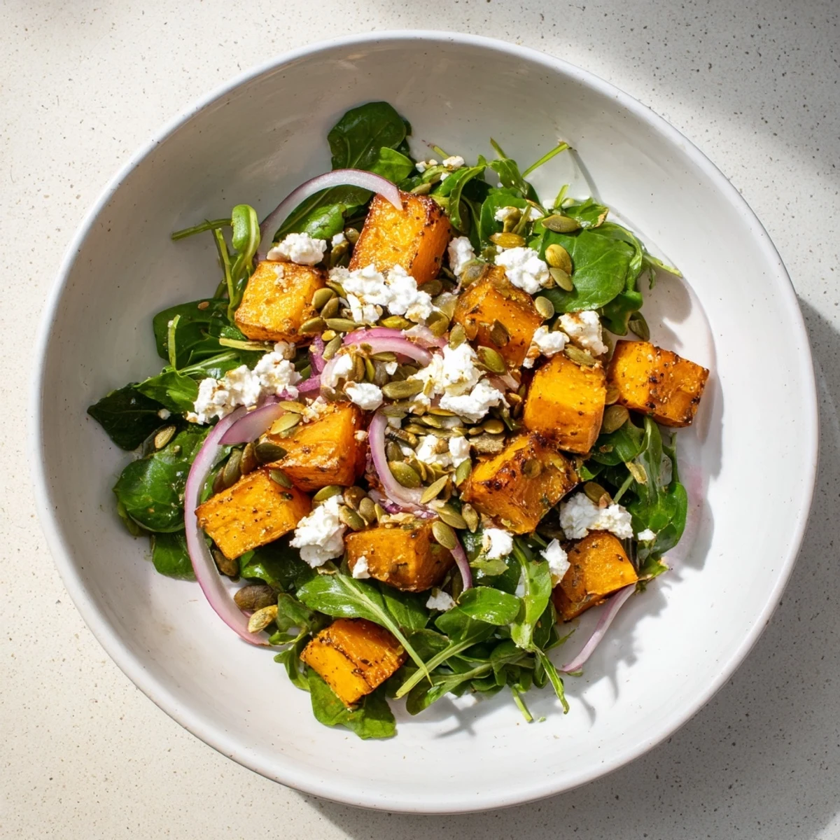 Golden roasted butternut squash in a vibrant Squash Salad with feta and peppy pumpkin seeds.