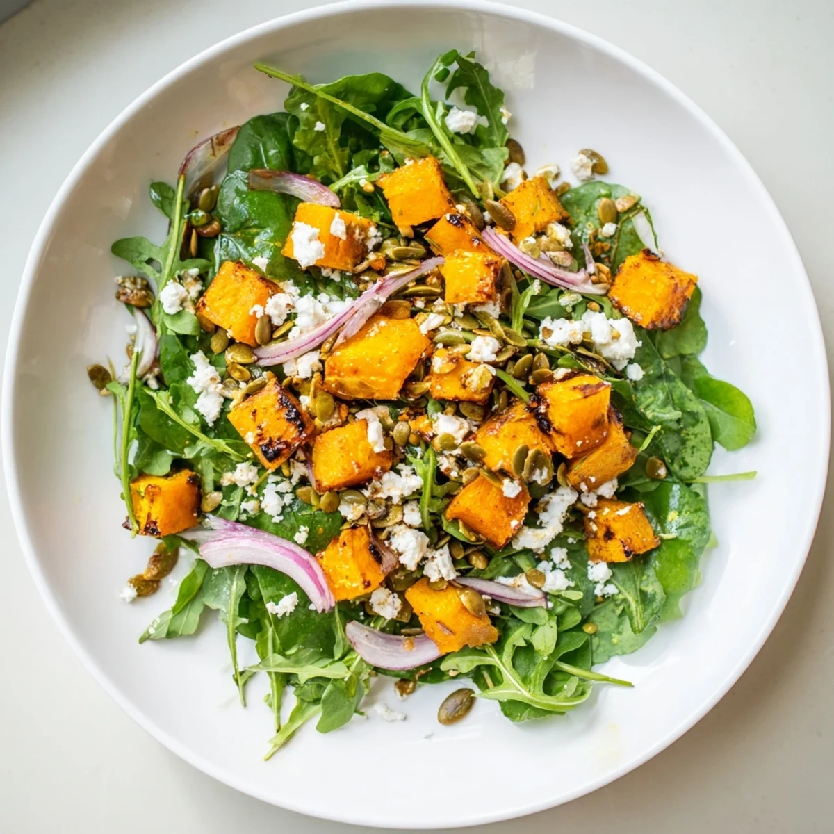 A colorful bowl of fresh Squash Salad, featuring tender squash, tangy feta, and zesty dressing.