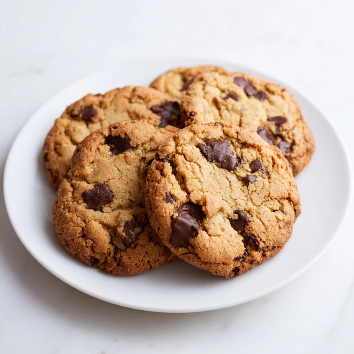 Golden-brown, chewy chocolate chip cookies piled high, ready to be enjoyed with a cold glass of milk.