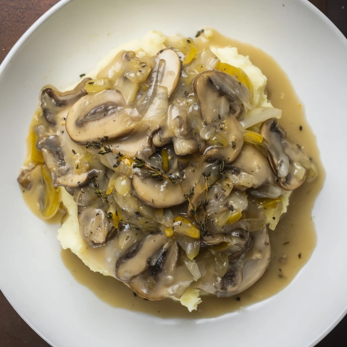 A close-up of creamy, rich mushroom gravy, perfect to spoon over mashed potatoes or toast.