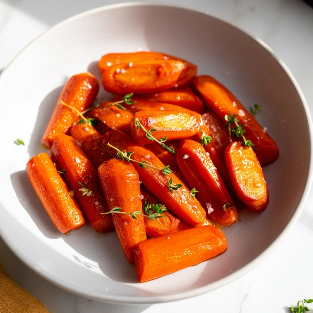 Savory roasted carrots, glistening with olive oil and herbs, perfect for a healthy, easy meal.