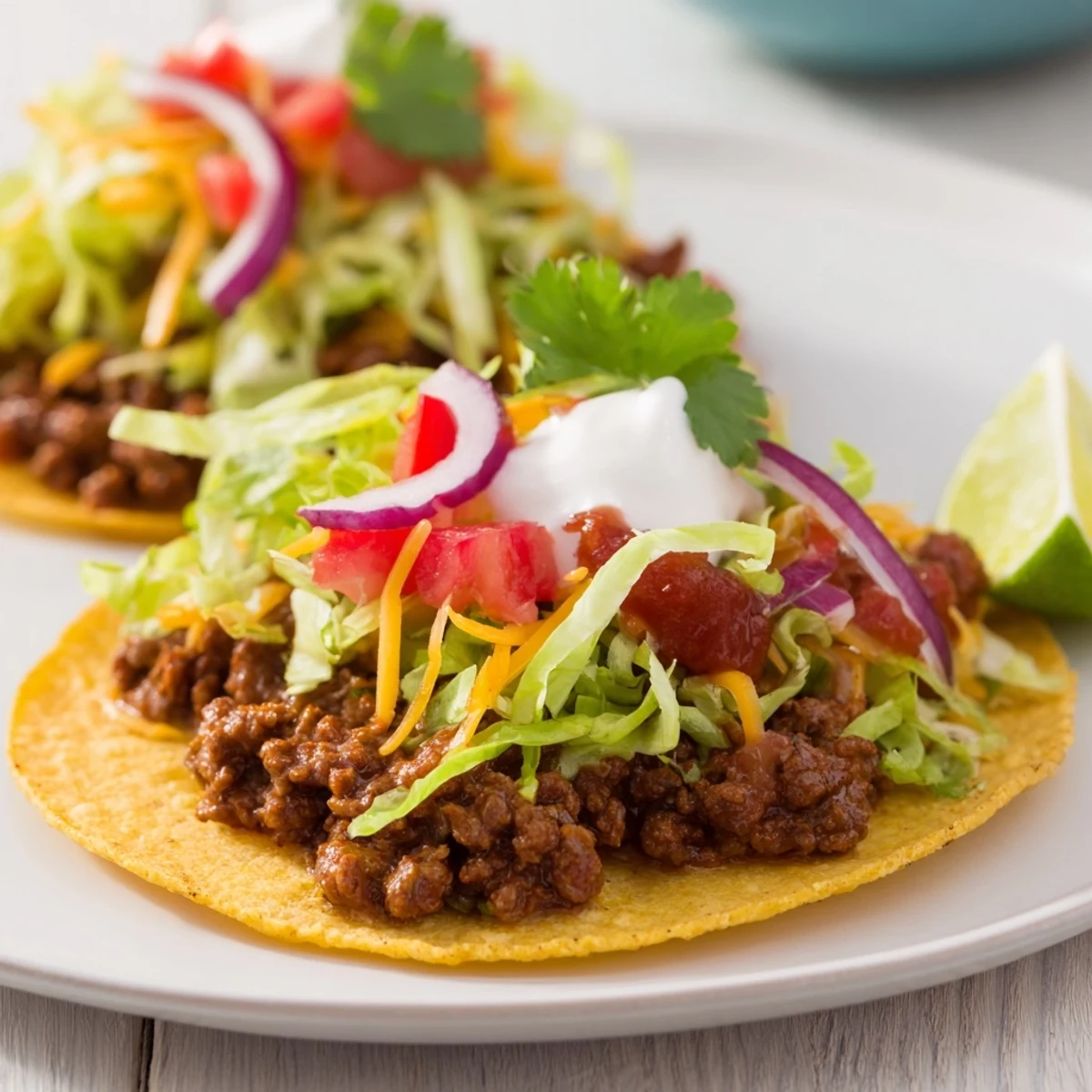 Golden, flavorful beef tacos ready to eat, filled with fresh vegetables and creamy toppings.