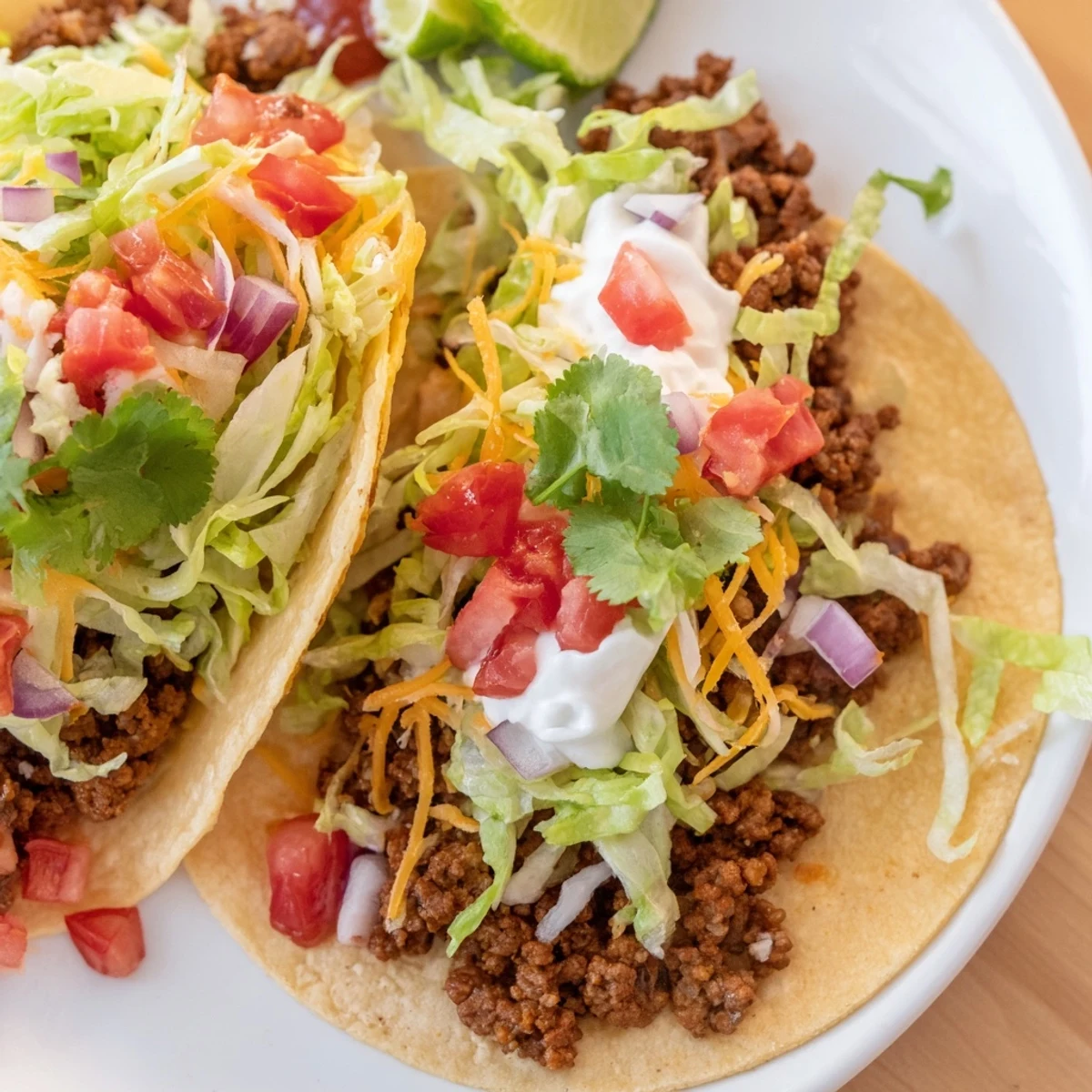 Warm, appetizing beef tacos on a plate, showcasing the diverse flavors and ingredients.