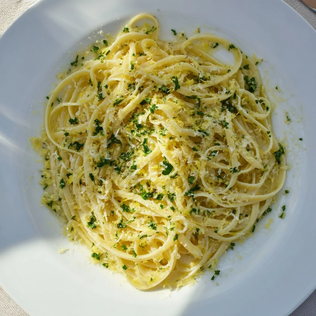 Golden garlic pasta: a close-up shows glistening spaghetti coated with olive oil and garlic.
