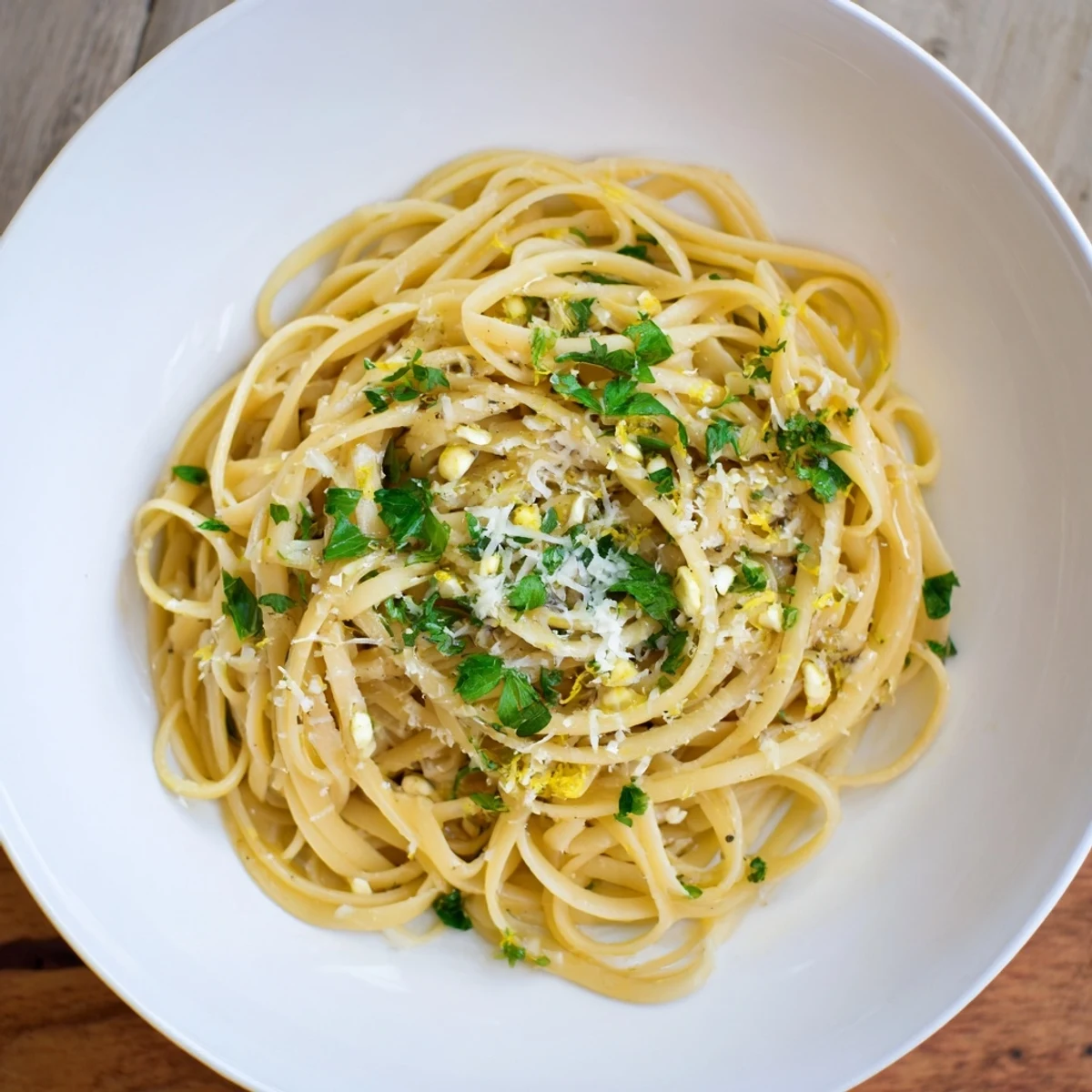Fresh parsley and parmesan top a steaming bowl of flavorful garlic pasta in this photo.