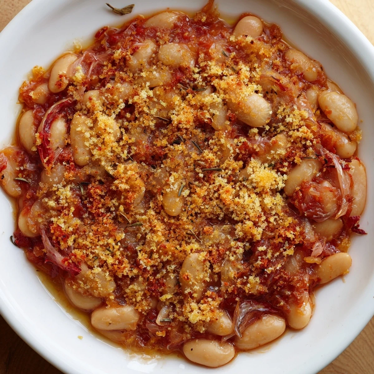 Savory Bean Baked dish, featuring tender beans in a rich tomato sauce, ready to serve with crusty bread.