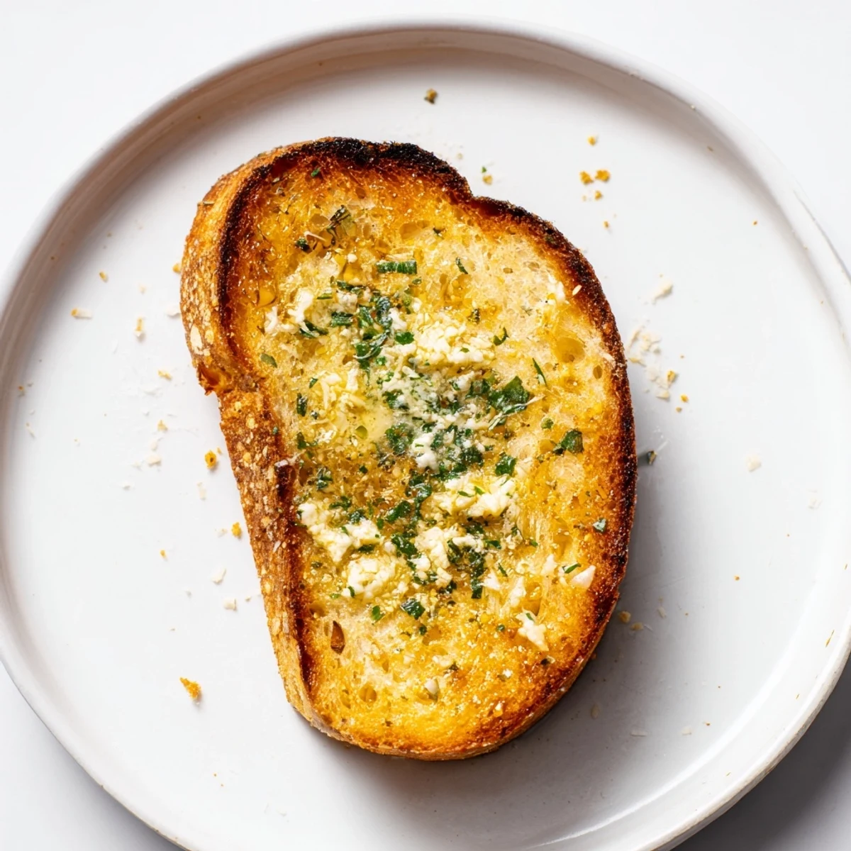 This photo features delicious homemade garlic toast, ready to eat, with visible herbs and a welcoming aroma.