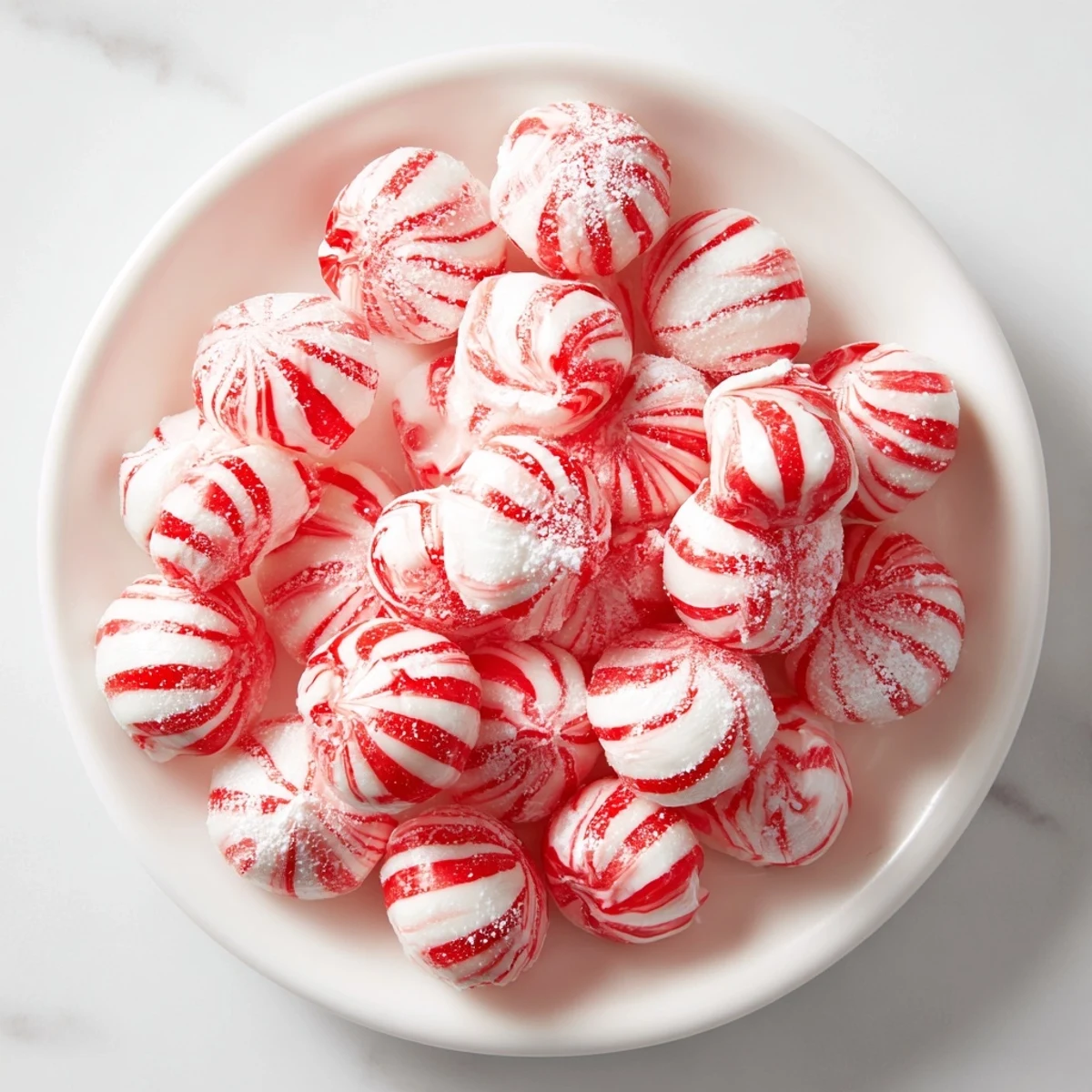 A close-up of glossy, vibrant red drop peppermint candies, ready to enjoy as a sweet treat.