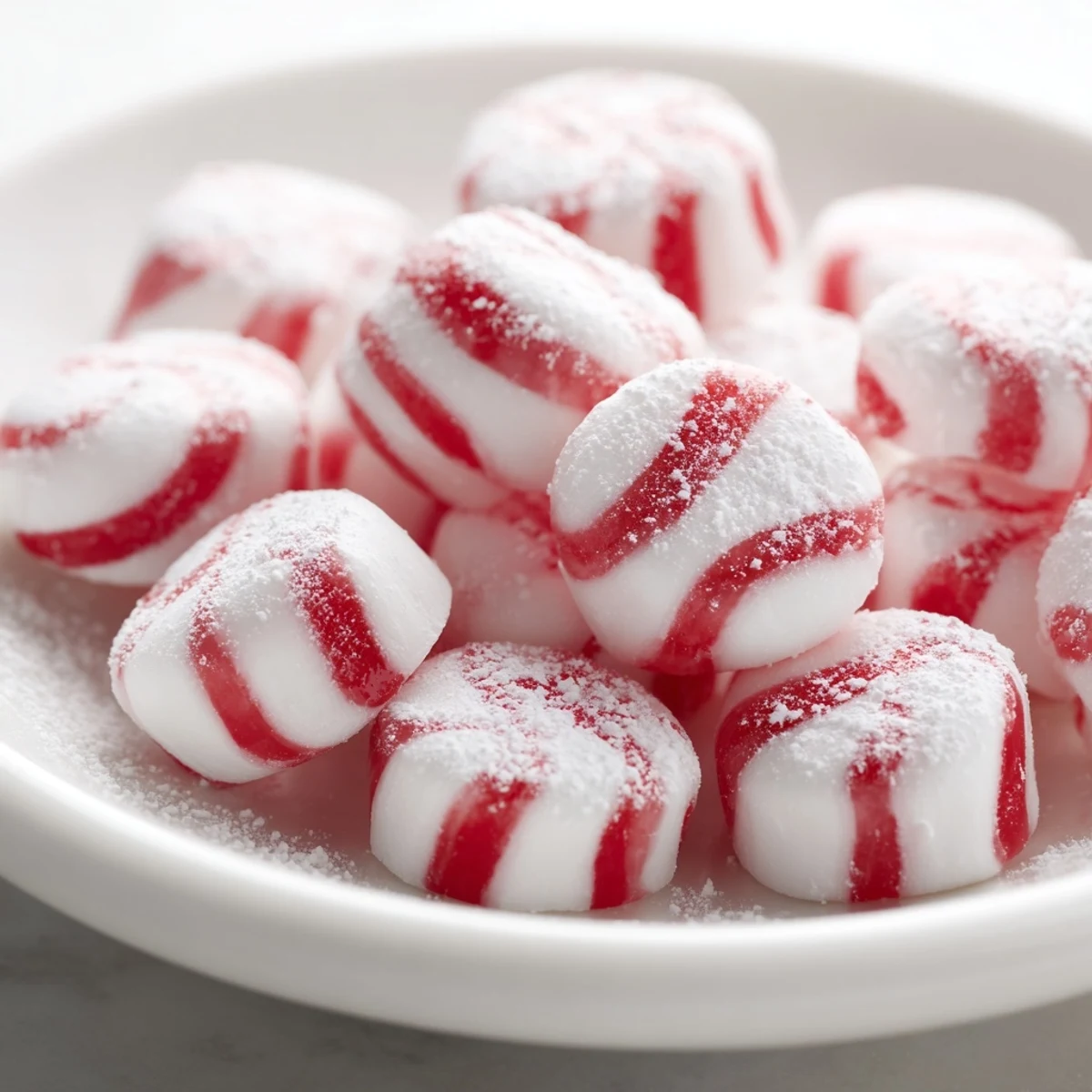 Close-up shows glistening drop peppermint candies, a classic American treat with intense peppermint flavor.