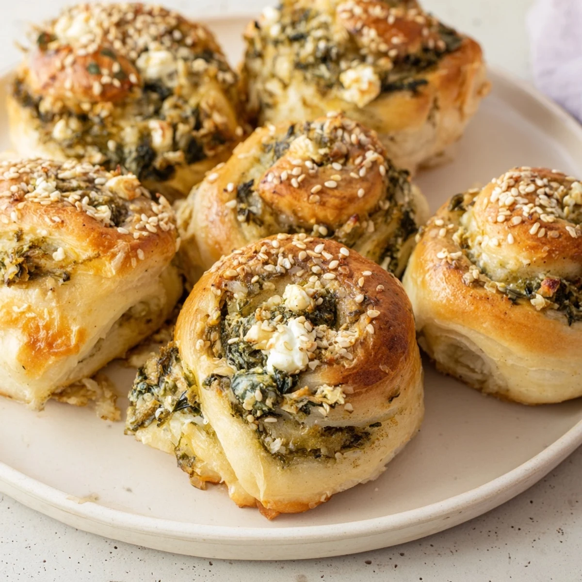 Golden, fluffy savory rolls, baked to perfection, with a cheesy spinach filling ready to enjoy.