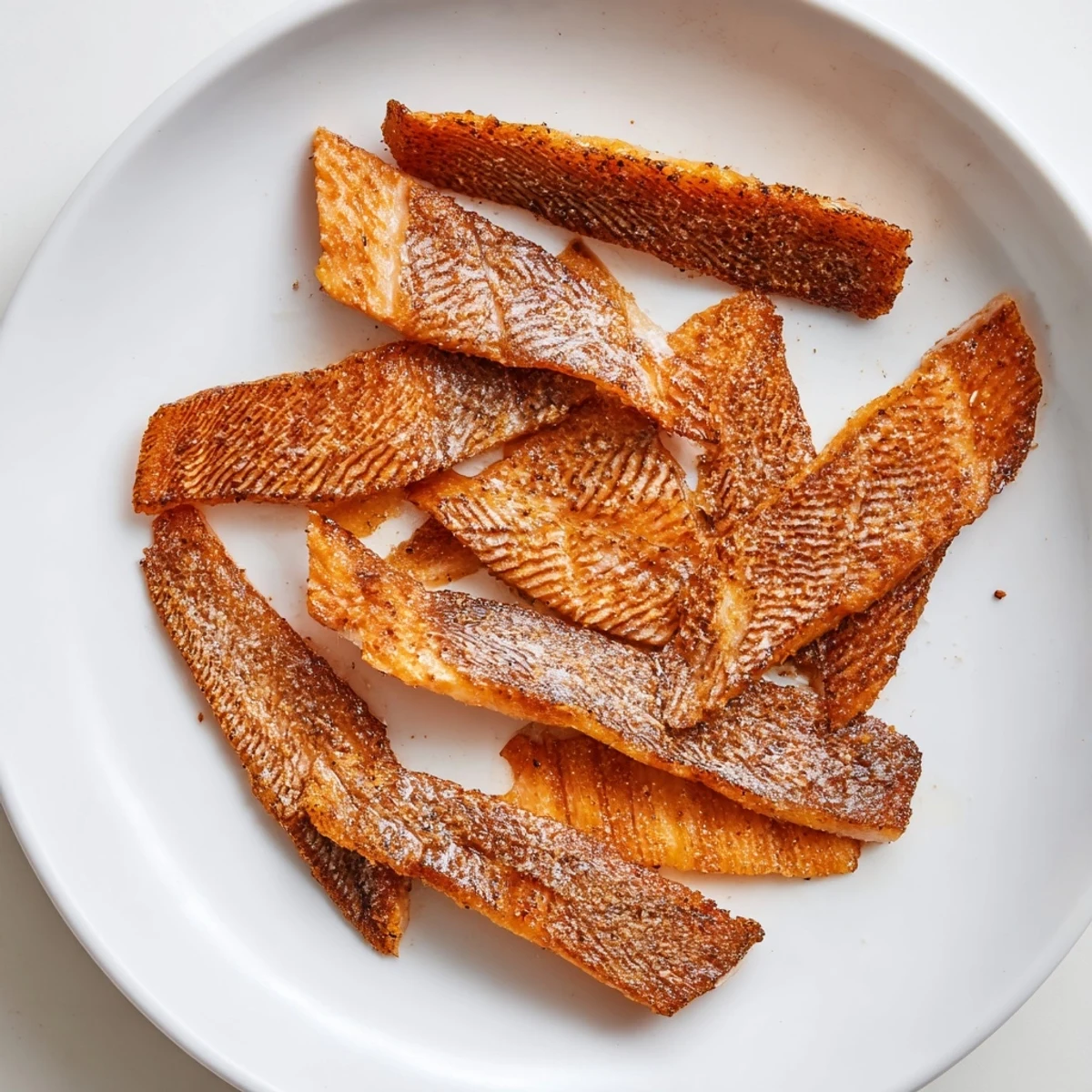 These homemade crispy salmon skin chips look perfectly seasoned and ready for serving with dips.