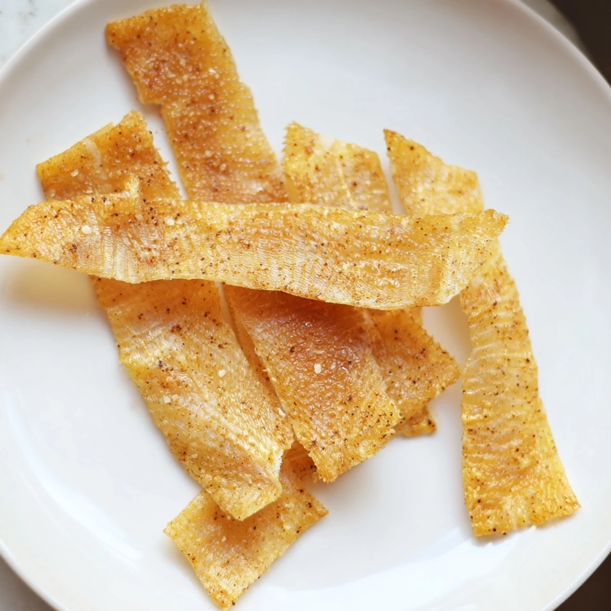 Crispy golden fried salmon skin chips, a delightful and crunchy, savory snack.