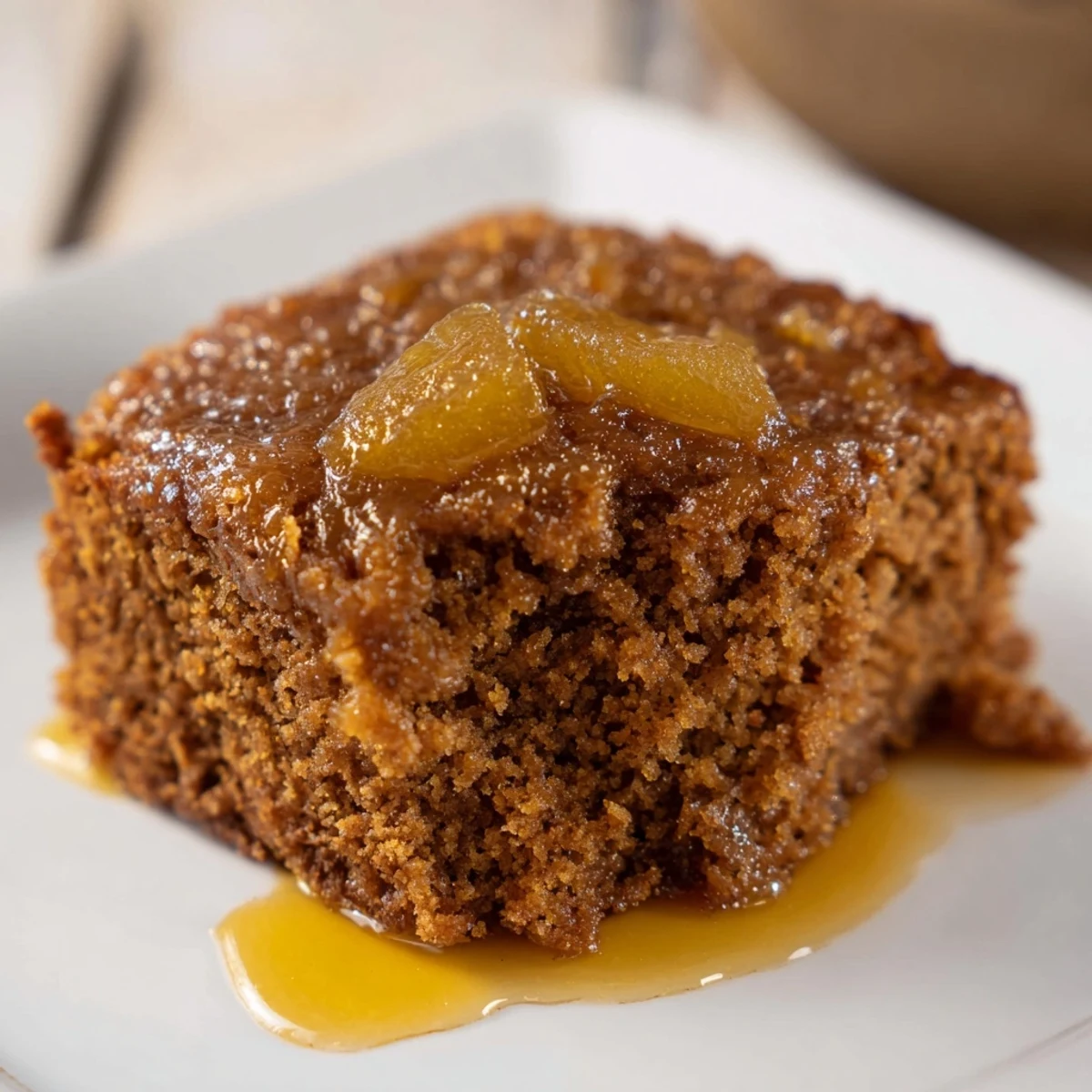 Warm, spiced Sticky Ginger Cake, a moist dessert with a glossy top, perfect for serving.