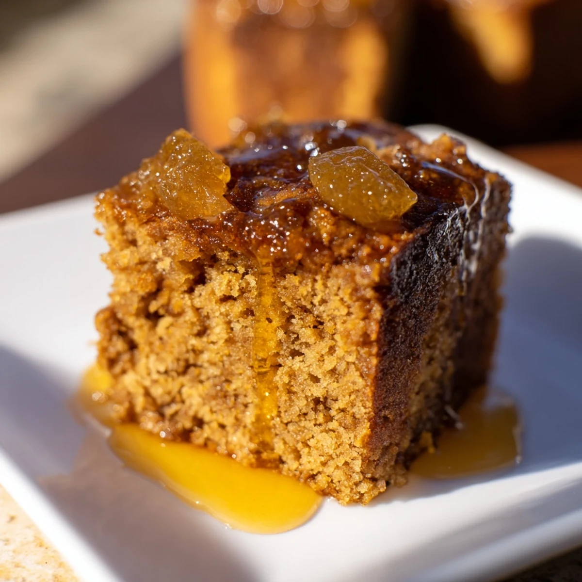 A close-up of a freshly baked, glistening Sticky Ginger Cake, ready for tea or dessert.