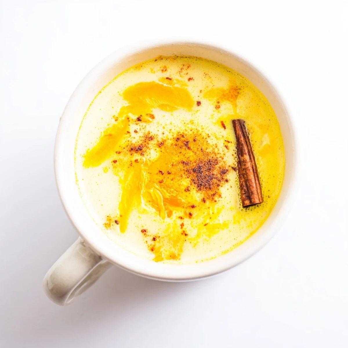 Close-up of creamy Spiced Golden Milk: a rich, yellow drink with visible spice flecks.