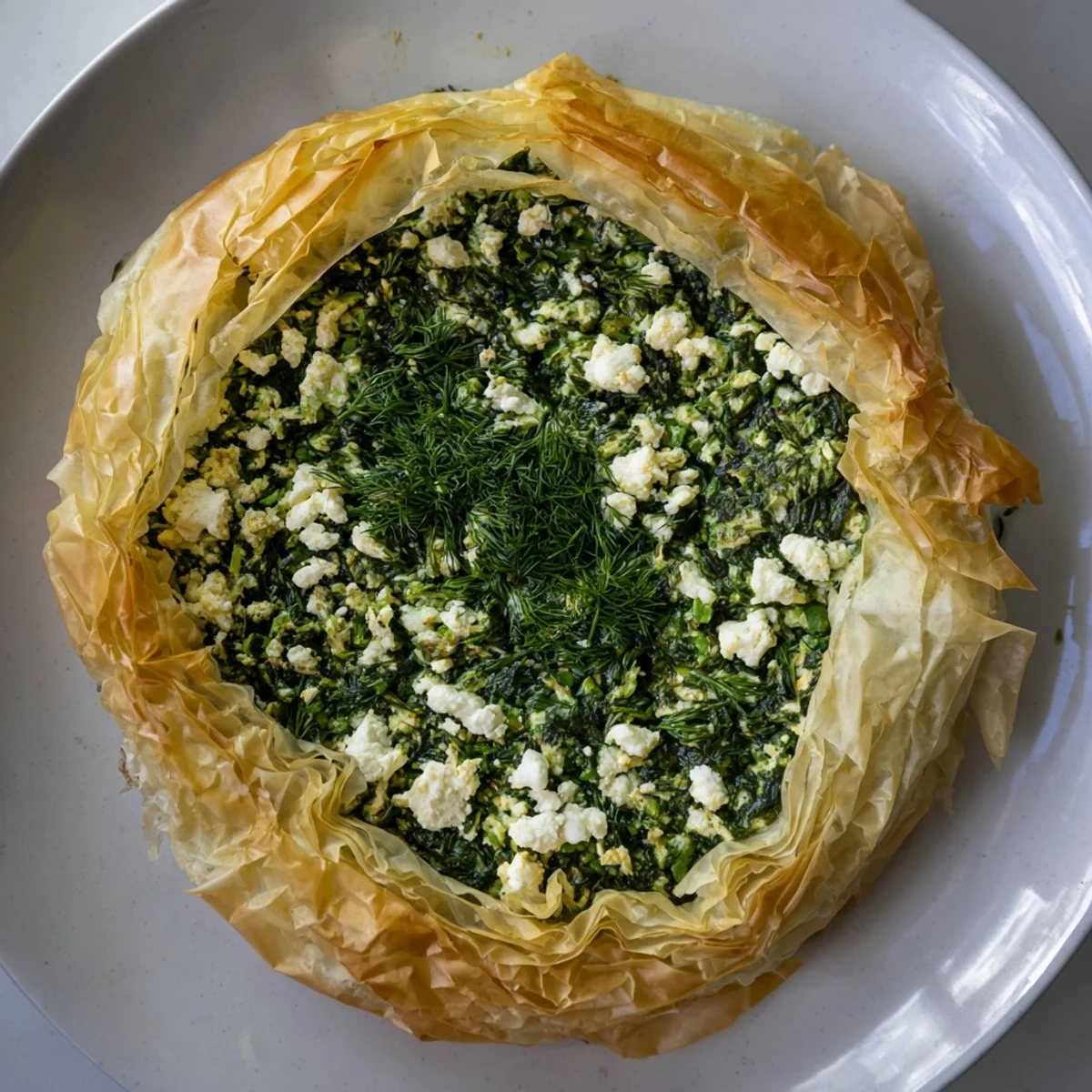 Golden-brown Savory Spinach and Feta Filo Pie, fragrant with herbs, ready to serve and enjoy.