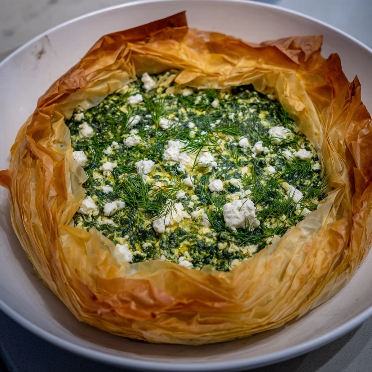 Flaky, layered filo pastry surrounds a creamy, spinach-feta filling in this delicious Savory Spinach and Feta Filo Pie.