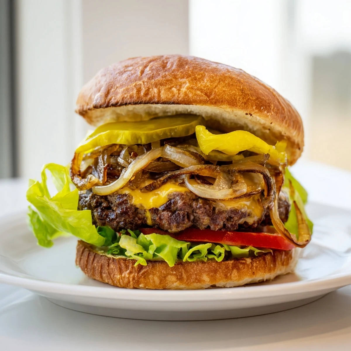 Freshly grilled beef burgers are stacked high with caramelized onions, ready for a satisfying bite.