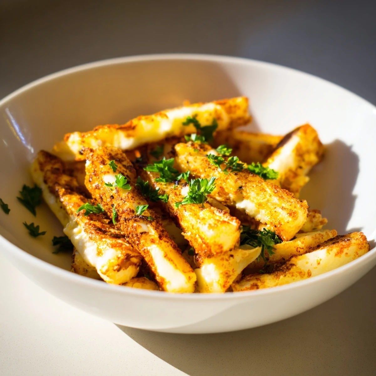 Golden fried halloumi fries, crispy and golden, offer a delightful crunch, ready to dip and savor.